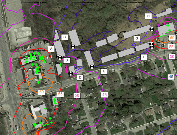 Noise Map showing the impact of a commercial plaza on nearby residences