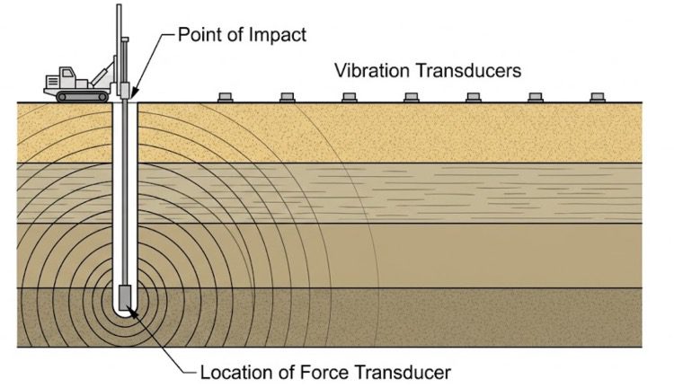 Cross-section schematic of a Point Source Transfer Mobility (PSTM) test setup, showing a drill rig applying a controlled impact at the top of a borehole, a force transducer at depth as the point of impact, concentric vibration waves radiating outward through layered soil, and a row of surface vibration transducers measuring the response at grade. 